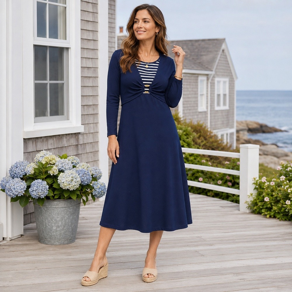 Nina Leonard Navy Stripe Sweater Knit Midi Dress Gold Ring Cutout Nautical‎ M
